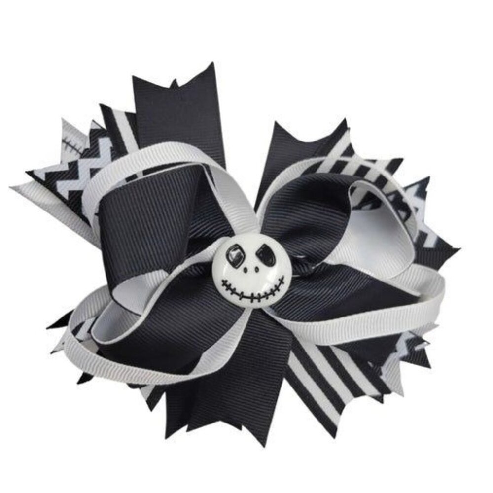 Jack Skellington Hair Bow - Black & White Striped Grosgrain Ribbons With Spooky